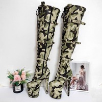 20CM Tacones Mujer Talons Femmes Camouflage Chaussures Sexy Sur le genou Cuissardes Talons Hauts Pole Dance Chaussures Plateforme Bottes Pour Femmes