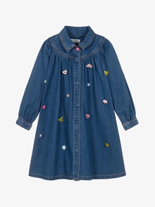 Vestido de mezclilla de moda para niñas, manga larga, con solapa, adornos coloridos, vestido camisero informal de mezclilla para niñas pequeñas - Product Image 1
