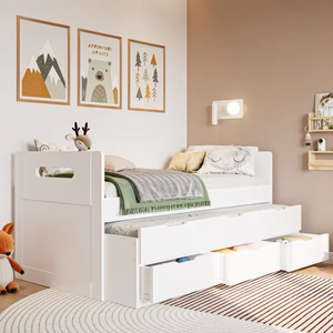 Modern duurzaam massief dennenhouten dagbedframe met onderschuifbed in wit voor eenpersoons slaapkamermeubilair - Product Image 2