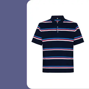 Yarn Dyed Pique Fabric Stand Collar Short Sleeve Red Blue Golf Striped Cotton Men's Polo T Shirts