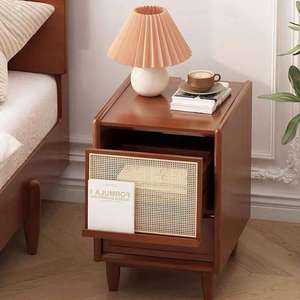 Solid Wood Nightstand With <b>Rattan</b> <b>Panel</b> LED Lighting Modern Minimalist Bedroom Side Table - Product Image 2