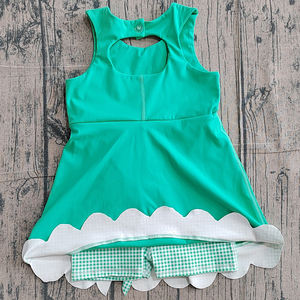 Précommande MOQ 5 – Nouveaux ensembles d'été pour filles avec nœuds verts, tenues de yoga festonnées en Spandex doux/coton biologique, vêtements de sport en gros pour enfants - Product Image 4