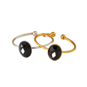 Fashion Designs Gold Plated Black Agate Ring Adjustable Natural Gemstone Jewelry Opening Ring For People