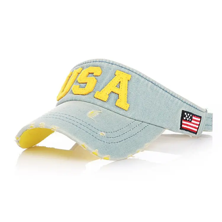고품질 브랜드 데님 워시 썬 바이저 모자 도매 미국 자수 빈 상단 빠른 건조 숙녀 성인 Unisex 이미지 일반