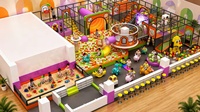 Équipement complet de terrain de jeux intérieur : Pagode, thème multi-zones, gazebo circulaire, bac à sable, piscine à balles, structure de jeu en maille noire, toboggans
