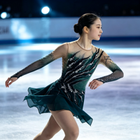Costume de patinage artistique vert foncé dégradé avec strass, manches longues en maille pour la performance de danse sur glace en compétition