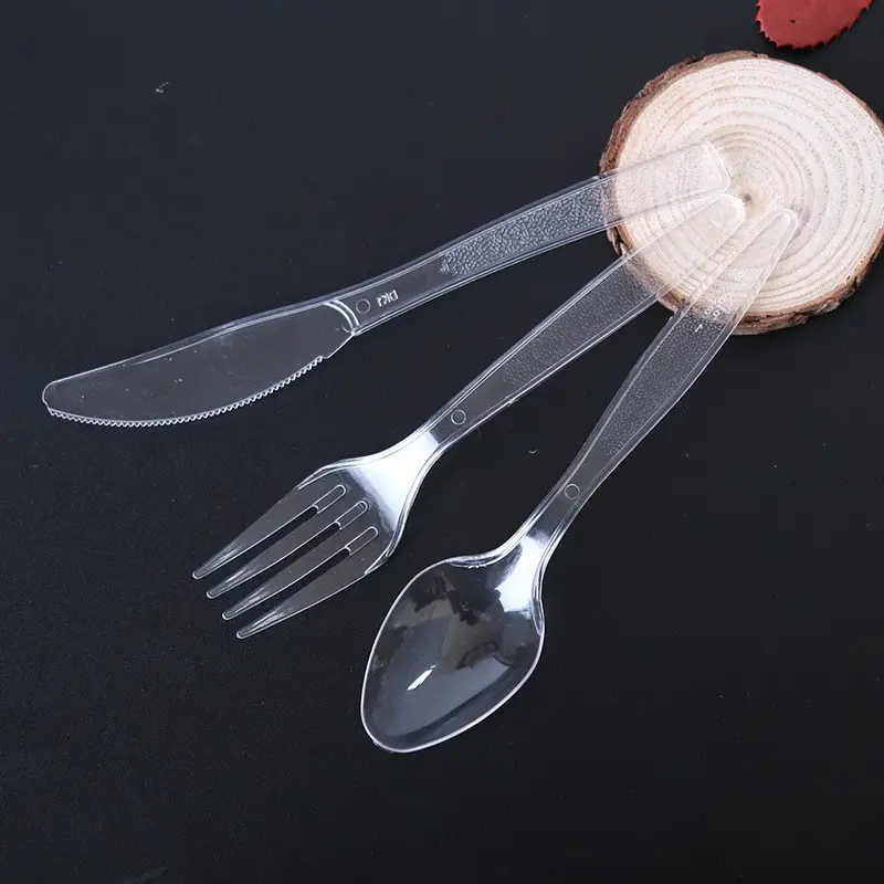 Einweg-plastik transparentes messer-gabel-löffel, kuchen-messer obstgabel zum mitnehmen dessert-set mattierter griff reis-löffel