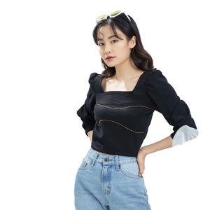 Crop tops para mujer a la moda media manga escote cuadrado negro 2020 - Product Image 2