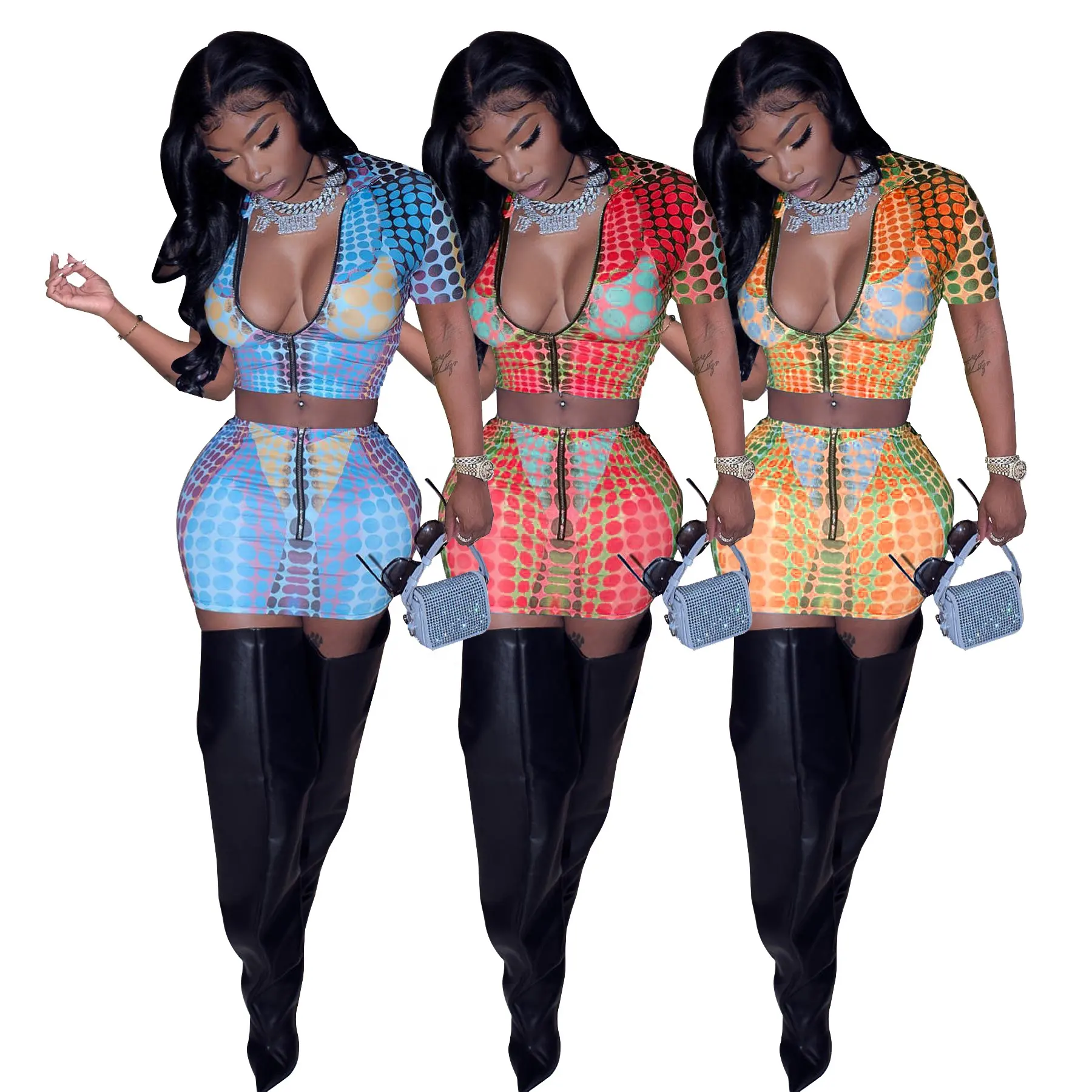 ZHEZHE Summer 2023 Fashion Printed Crop Top 2 Piece Skirts Set Zip Up Ladies Tops And Mini Skirts Sexy 2 Piece Outfits Club Wear