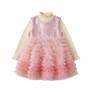 Ensemble deux pièces rose scintillant à volants pour filles, robe à manches longues et col roulé, idéal pour les fêtes et les pique-niques - Product Image 3