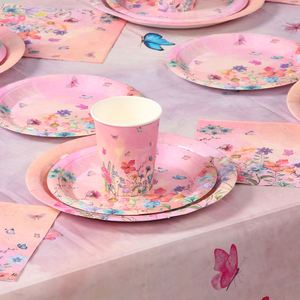 Ensembles <span class=keywords><strong>de</strong></span> vaisselle jetable personnalisée à fleurs florales pour fêtes Assiettes en <span class=keywords><strong>papier</strong></span> Tasses à serviettes Thème princesse rose Ensembles d'assiettes pour fêtes d'<span class=keywords><strong>anniversaire</strong></span> - Product Image 2