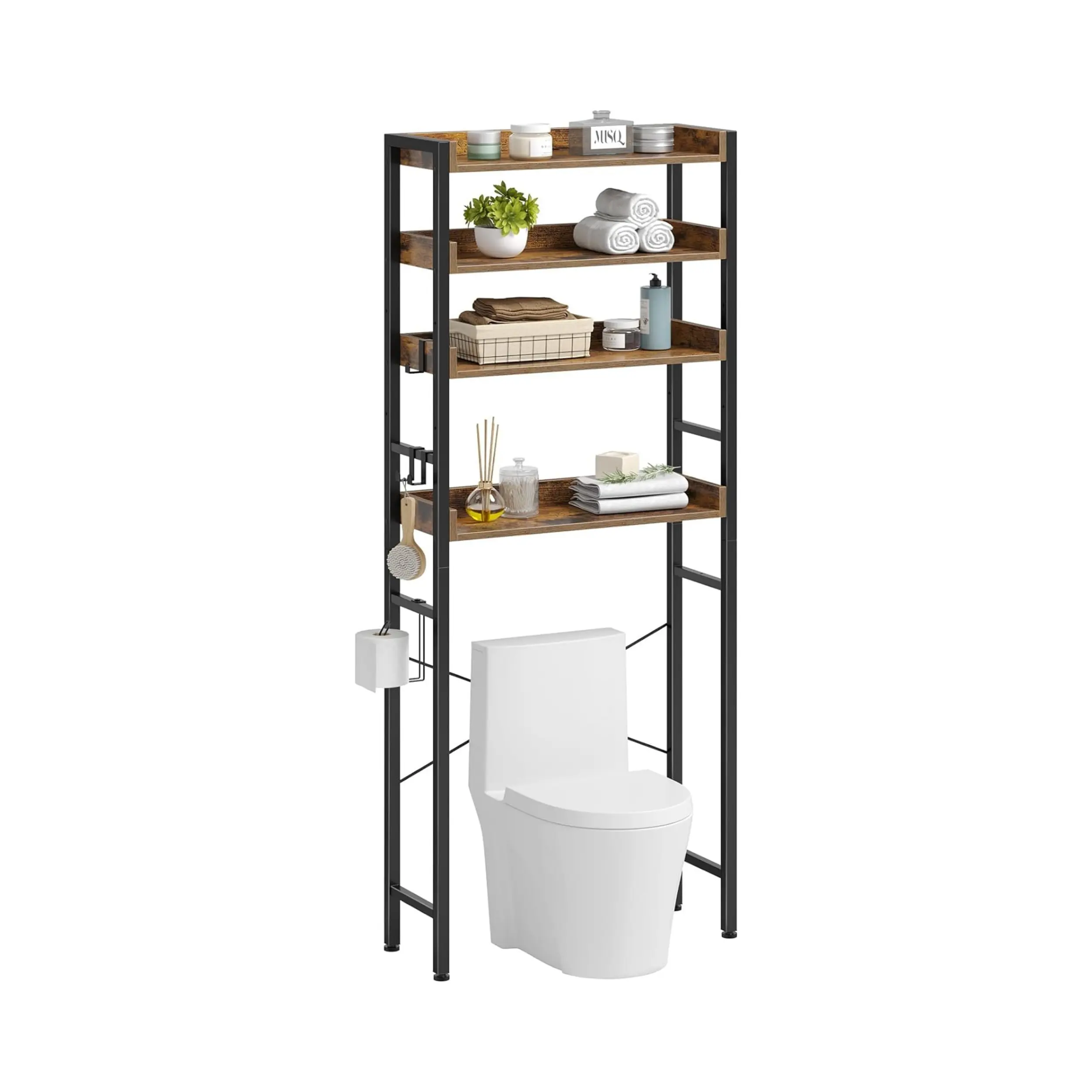 木製の4層トイレ収納バスルームオーガナイザートイレ棚の上調節可能な棚付きバスルーム収納ラック