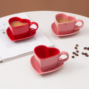Heart Shaped Ceramic Coffee Cup And Saucer <b>Set</b> Red Pink Solid Color For <b>Afternoon</b> <b>Tea</b> Home Use - Product Image 2