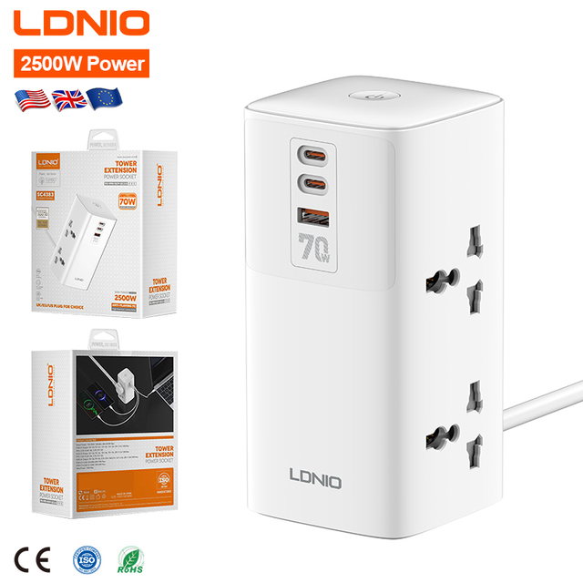 LDNIO 2USB-C+USB-A 2500W Tower Extension Power Socket+70W Super Fast Charging Protection Power Socket for Phone Charger