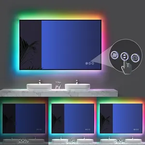 חכם RGB צבע שינוי LED עם תאורה אחורית אמבטיה איפור מראה עם אור Defogger עכשווי קיר רכוב עיצוב מראה