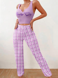 Conjunto de Pijama de Gasa para Mujer, Chaleco a Cuadros, Top con Estampado de Letras, Cuello en V, Transpirable, de Secado Rápido, Cintura Elástica para Verano/Otoño/Primavera - Product Image 4