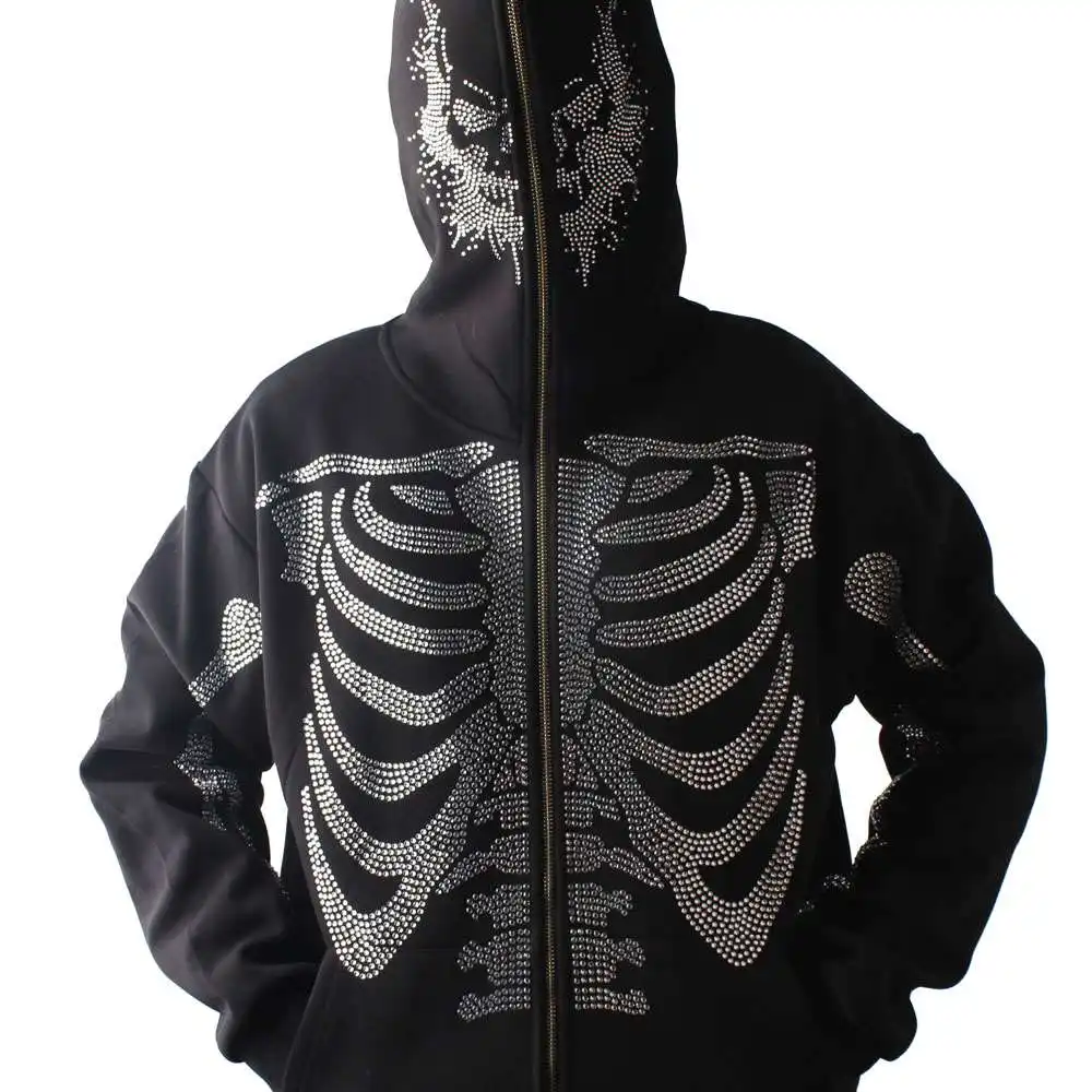 Groothandel Fabriek Custom Strass Hoodies Fleece Bling Skull Skelet Logo Ontwerp Volledige Ritssluiting Strass Hoodies