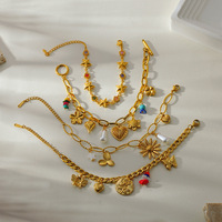 Gelang Wanita Trendy Dua Lapis dengan Liontin Mata Iblis, Kupu-kupu, Bunga, Mutiara Akrilik Emas, dan Berlian