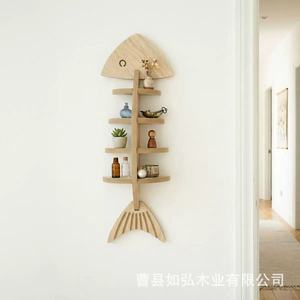 Étagère murale en bois en forme de poisson, couleur naturelle, 3 niveaux, rangement multifonctionnel pour la décoration intérieure - Product Image 3
