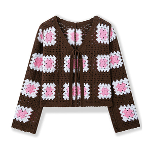 Cardigan da <span class=keywords><strong>Donna</strong></span> Vintage a Quadri <span class=keywords><strong>in</strong></span> <span class=keywords><strong>Pizzo</strong></span> all'Uncinetto, Maglione Sottile Traforato Traspirante per Primavera e Autunno - Product Image 2