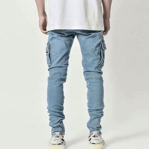 Pantalones vaqueros de mezclilla para hombre, nuevos, al por mayor, de corte ajustado, informales, con cremallera, largos, para otoño, con estampado medio claro, J0186 - Product Image 2