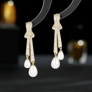 SUYU Elegant Temperament Fashionable Ear Jewelry Droplet Shaped Simulation Of Pearls Zircon Creative Design And Knot Earrings