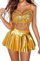 En gros, Ensemble de bikini élégant et sexy pour femme, orné de bijoux, de cristaux, de paillettes et de franges, avec haut dos nu à nouer et jupe, en Spandex/Polyester