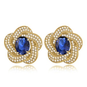 Orecchini a Perno con Pietra Blu Ovale Stile Fiore per Donne, Gioielli Vintage alla Moda - Product Image 1