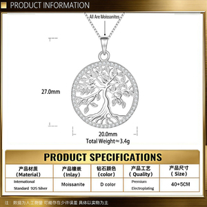 Collar de Plata de Ley 925 con Baño de Rodio y Moissanita, Diseño Árbol de Cabala, Unisex, Joyería Fina, Certificado por Terceros, de Moda - Product Image 4