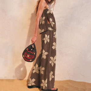 Ensemble pantalon et haut en lin et coton, style décontracté, imprimé floral, coupe ample, sans bretelles, design d'usine, personnalisable - Product Image 2