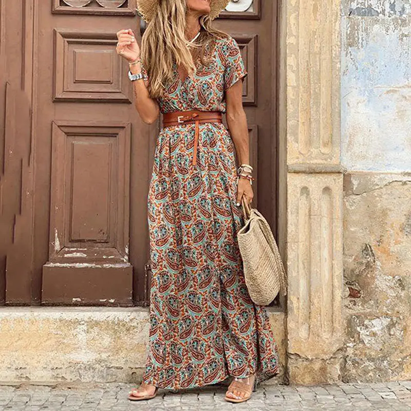 Custom Summer Floral Printed V Neck Short Sleeves Belted Stylish Bohemian Beach Holiday Women Maxi Casual Dress