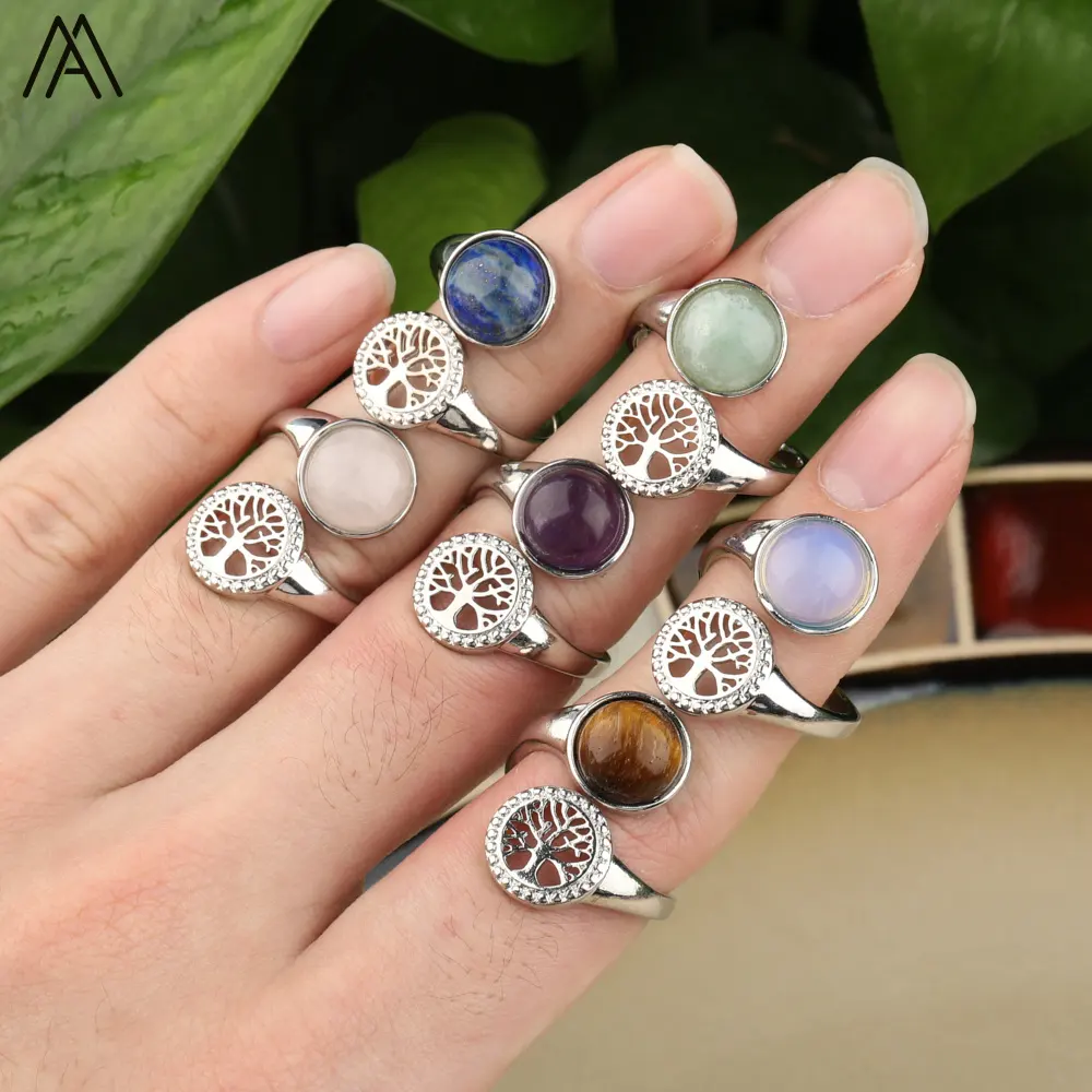 Cincin perak, manik-manik bulat, kristal batu permata, pohon kehidupan, perhiasan Chakra Reiki