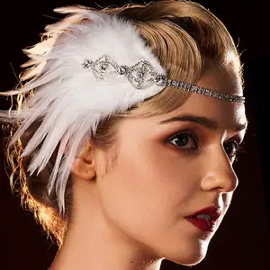 Grande Gatsby Flapper ragazza Vintage Dacing Party Showgirl copricapo donna 1920s piuma fascia con strass