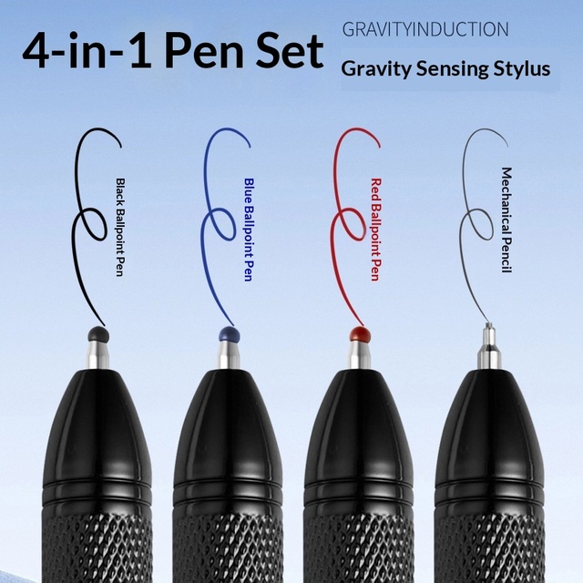 Metal Multi-function 4-in-1 Retractable Gravity Sensing Mechanical Ballpoint Pen 0.5mm Tip Black/Blue/Red/Silver Ink for Office