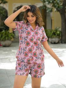 Ensemble de pyjama en coton floral à succès, imprimé à la main, vêtements de nuit pour femmes, vêtements de nuit de couleur unie, prix de gros disponible - Product Image 6