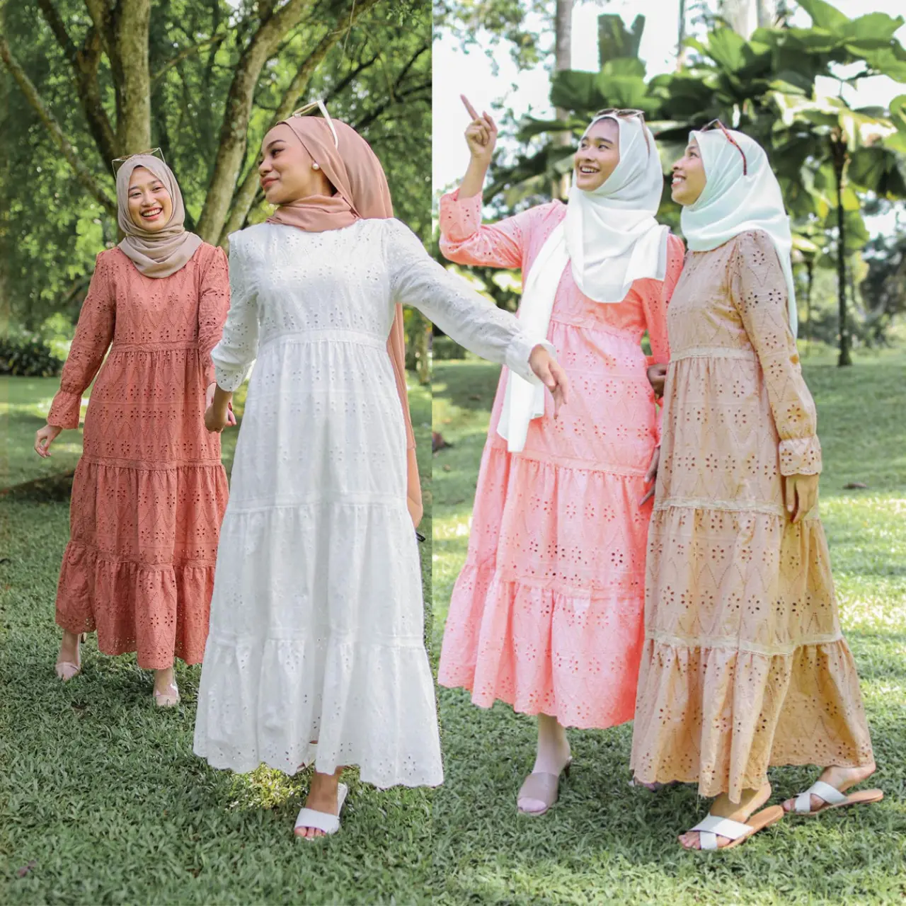 Malaysia Indonesia Dubai Turkey Arab Elegant Muslim Solid Color Slamic Embroidery Clothing Muslim Hollow Lace Dress