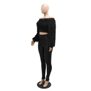 ZHEZHE élégant similicuir costume <span class=keywords><strong>legging</strong></span> et haut court tenues plume hors de l'épaule veste 2 pièces ensemble - Product Image 3