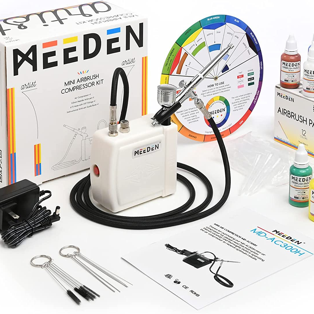 MEEDEN Mini Airbrush Kit, 0,5mm Airbrush mit doppelter Schwerkraft zufuhr, 12-Farben-Airbrush-Farbset, tragbare Mehrzweck kompresse