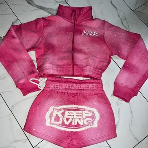Crop Zipper <b>Jacket</b> and Shorts Two Piece Set Clothing Manufacturers Custom logo High Quality <b>Rhinestones</b> Sweatsuit Set Women - Product Image 2