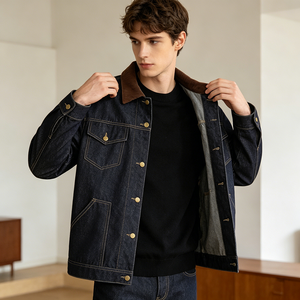 BSCI GRS Certified OEM Custom <strong>Men's</strong> High-Quality Raw Denim <strong>Jacket</strong> with Corduroy Collar Workwear <strong>Trucker</strong> Style for <strong>Men</strong> - Product Image 3