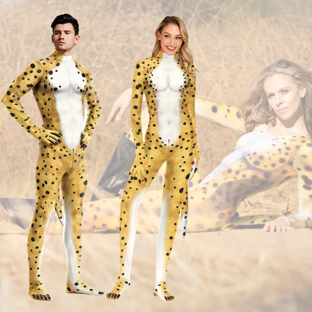 Nadanbao fantasia de leopardo com cauda para homens e mulheres, traje de cosplay engraçado, fantasia de halloween para festa