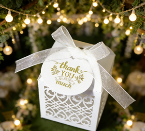 <b>White</b> Hollow Out Favor <b>Box</b> Made Of Pearlescent Cardboard With Laser Engraving And Organza Ribbon Fresh - Product Image 5