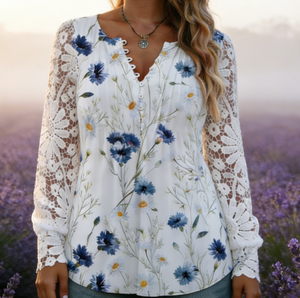 European Style <b>Sexy</b> Lace Long Sleeve Plus Size <b>Top</b> for <b>Women</b>-Loose Fit Floral Pattern Button Milk Fiber Summer Blouse - Product Image 1