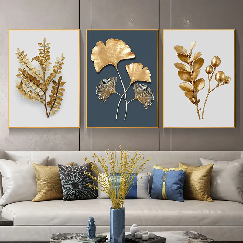 Декор для гостиной в скандинавском стиле, абстрактный постер с золотыми листьями, современная картина, Художественная печать на холсте, настенная живопись