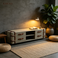 Console multimédia vintage en forme de coffre, avec garniture en cuir et toile, 4 tiroirs, compartiments de rangement ouverts et quincaillerie en laiton