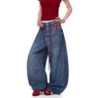 YUANBOFEI Jeans amples bleus personnalisés, style vintage américain, patchwork à carreaux, denim à jambes larges, super confortables pour un usage quotidien