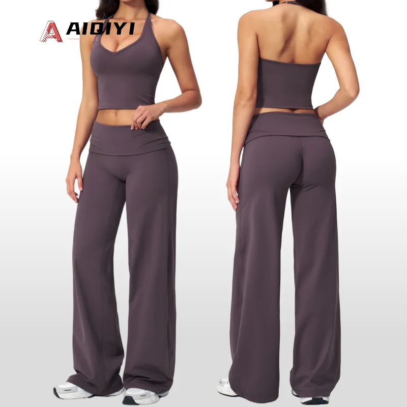5529-4 Solid Breathable Halter Neck Yoga Sports Suit 2-Piece Set For Fitness Running Yoga Sets