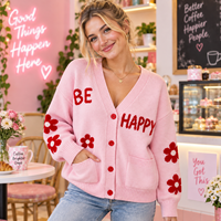 Cardigan personnalisé pour femme, motif floral et lettres, col en V, boutonné, manches longues, tricoté, surdimensionné, OEM ODM