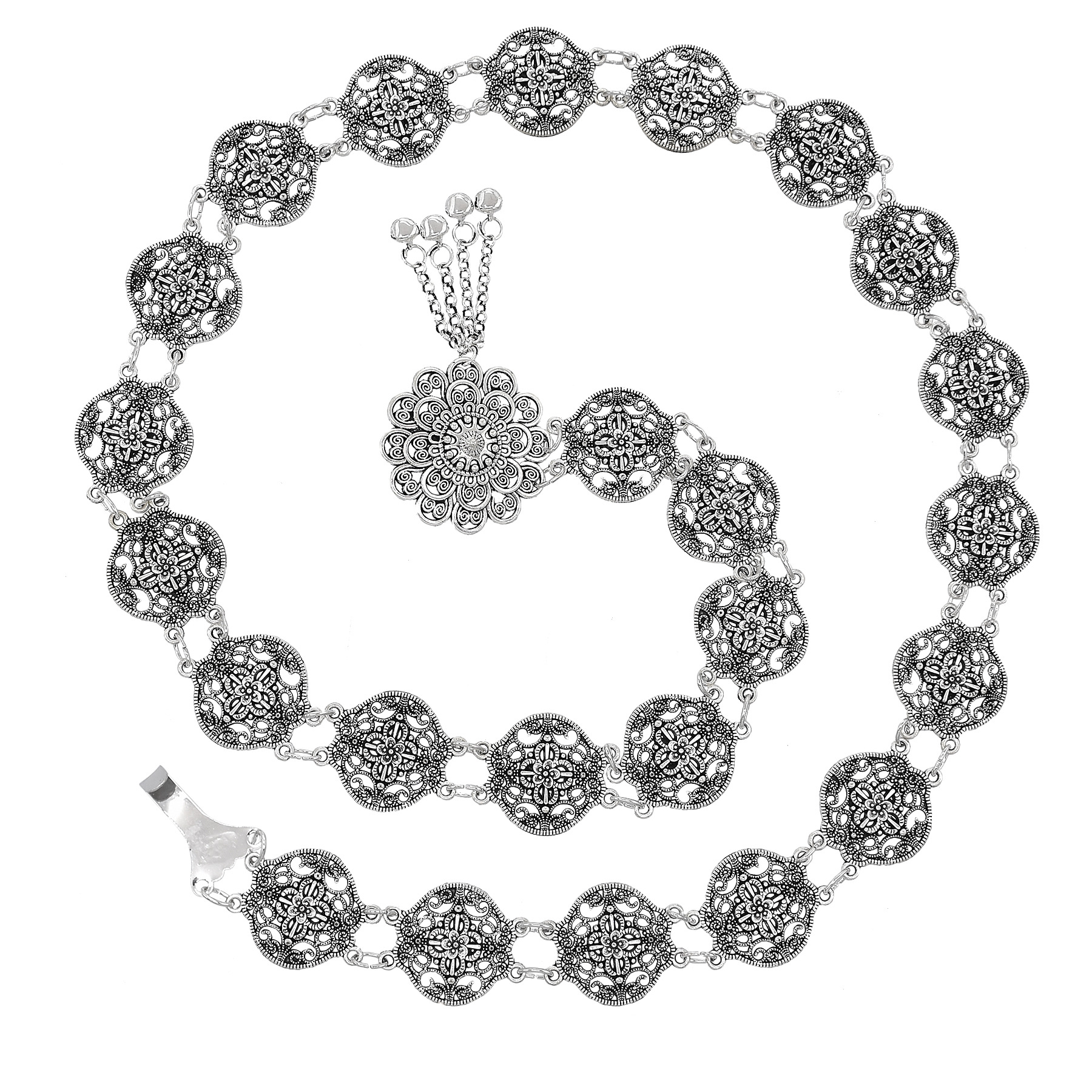 Bohemian Silver Plated Carved Flower Bell Tassel Dance Waist Chain