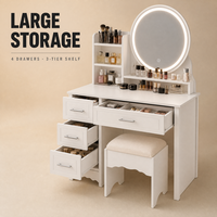 Ensemble coiffeuse de chambre moderne en bois de luxe léger avec miroir LED, 4 tiroirs, étagère latérale et tabouret – Finitions personnalisées – Fabrication usine de meubles